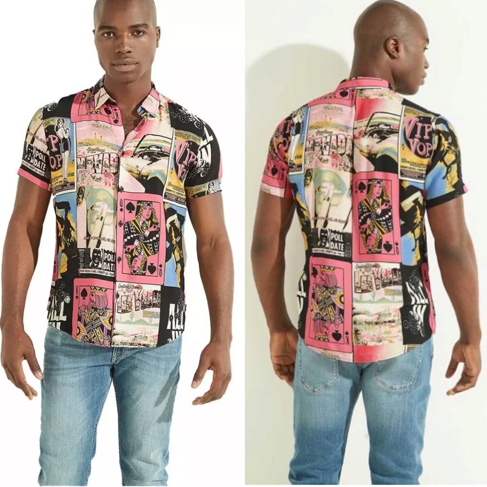 Guess Men's Vintage Resort Vegas Casino Print Challis Slim Fit Party Shirt NWT